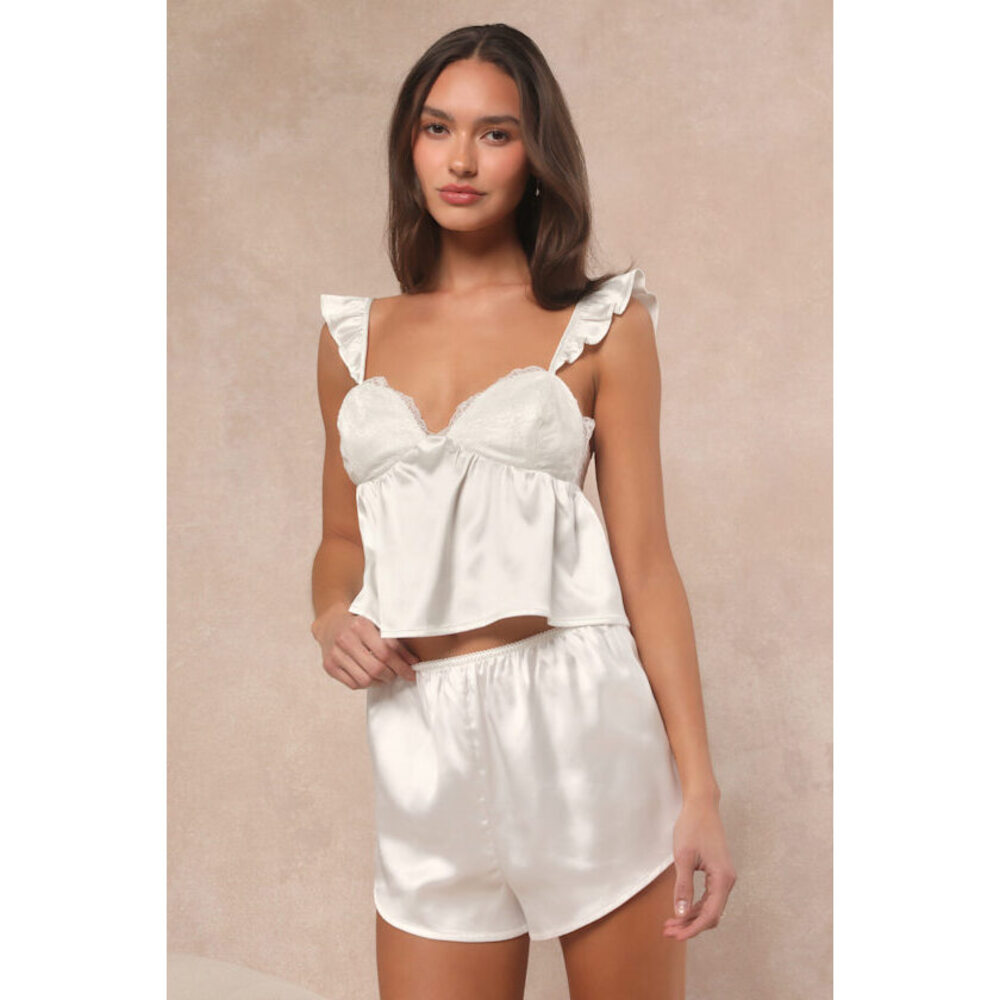 Lulus Keona Ivory Satin Lace Ruffled Two-piece Pajama Set White - Size M
